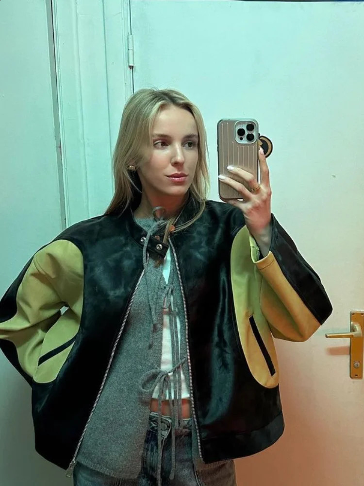 Pu Color Blocked Pocket Button Womens Leather Jacket Casual Long Sleeved Zipper Retro Coats Ladies Fashion Motorcycle Jackets 240823