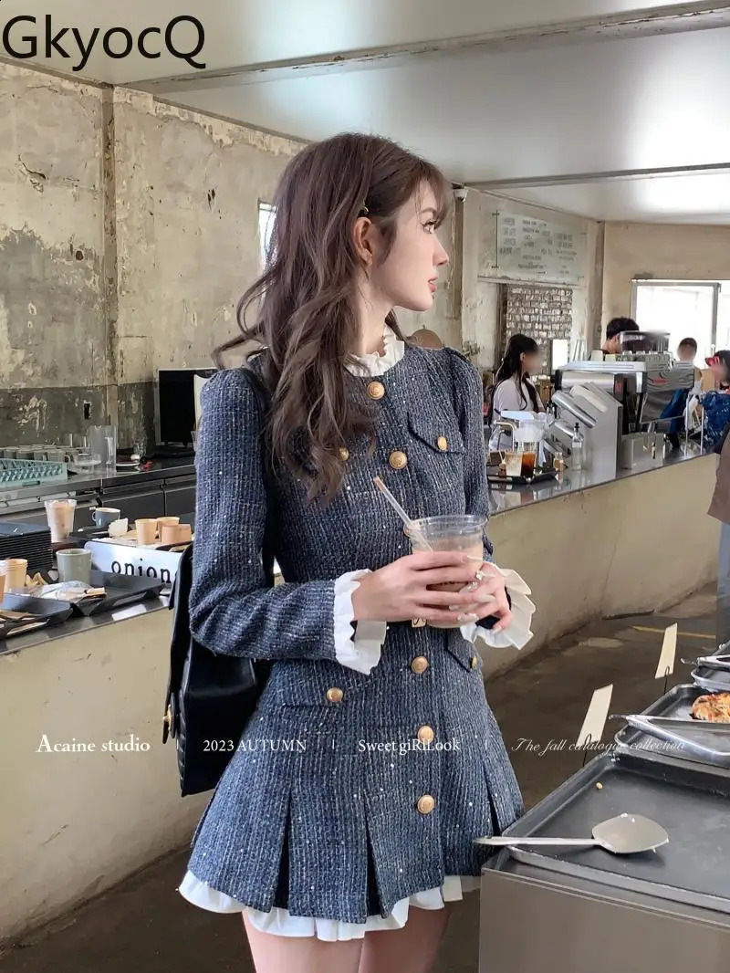 GkyocQ French Elegant Women Tweed Dress O Neck Long Sleeve Single Breasted Waist Slim A Line Short Dresses Female Vestidos 240824
