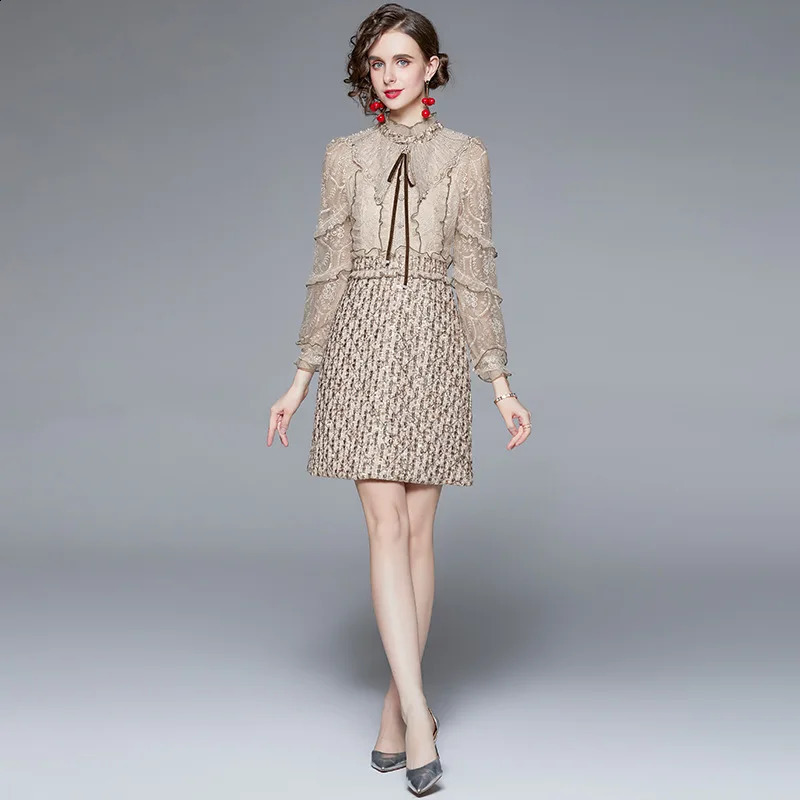 BRANGDY Heavy Industry Beads Embroidered Ruffled Lace Sleeve Stitching Sequins Tweed Dress Womens Clothing Spring and Autumn 240824