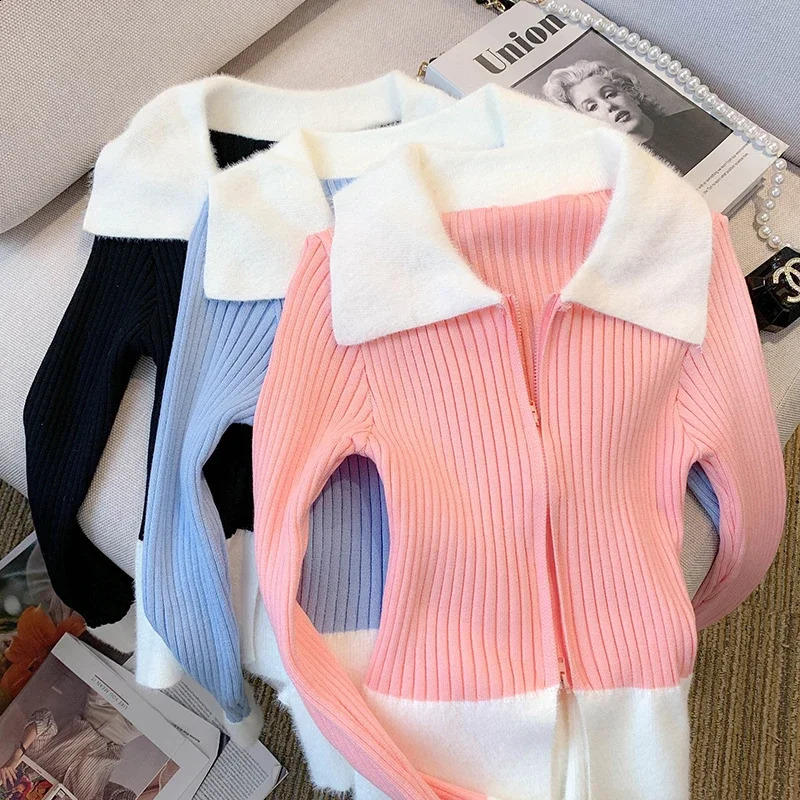 KUSAHIKI Autumn Sweet Spicy Slim Fit Knitted Sweater Jacket contrast Color Sexy Zipper Knitwear Coat Top 240824