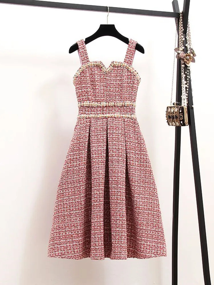 Winter Wool 2 Women Elegant Thick Short Jacket Coat Colorful Plaid Beading Tweed Vest Dress Two Piece Set 240823