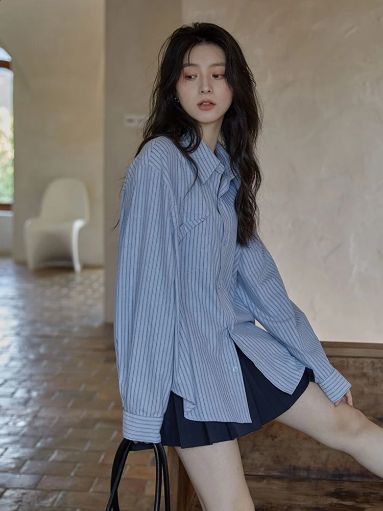 Zoki Women Sweet Elegant Striped Shirt Simple Vintage Loose Korean Blouse Harajuku All Match Long Sleeve Retro Female Tops 240823