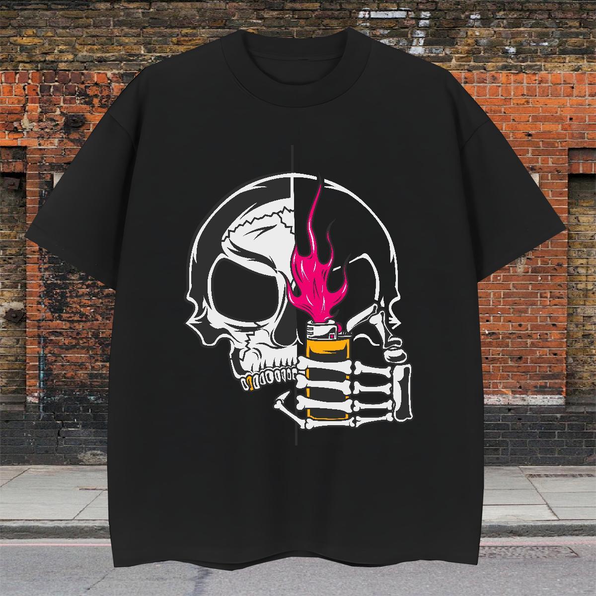 Loose Men T Shirts 100% Cotton 230g skull Street wear Hip Hop Black White Breathable Short Sleeve Couples T Shirts 2024 New Clothings
