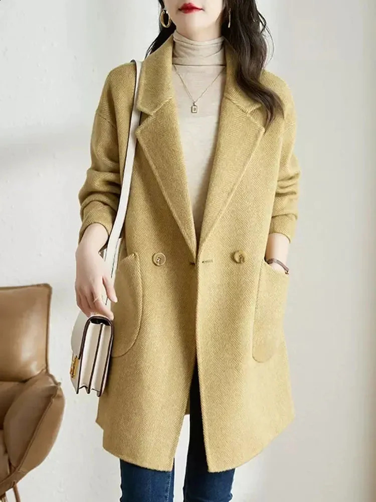 Elegant lapel loose wool jacket top womens casual long sleeved blend blue Korean fashion solid medium length Abrigos 240823