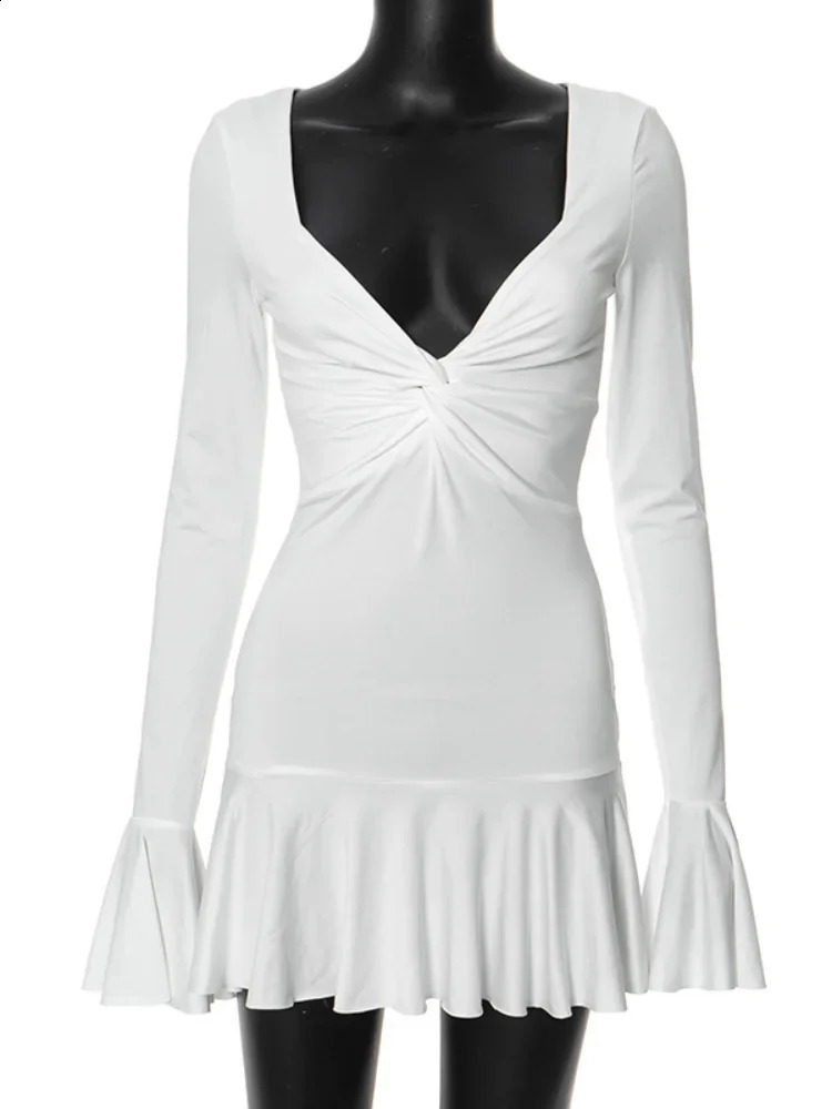 Sexy Low-cut Deep V Flounce Edge Slim Bodycon Mini Dress Women Long Sleeved Solid White Skinny Evening Dress Club Party Vestidos 240823