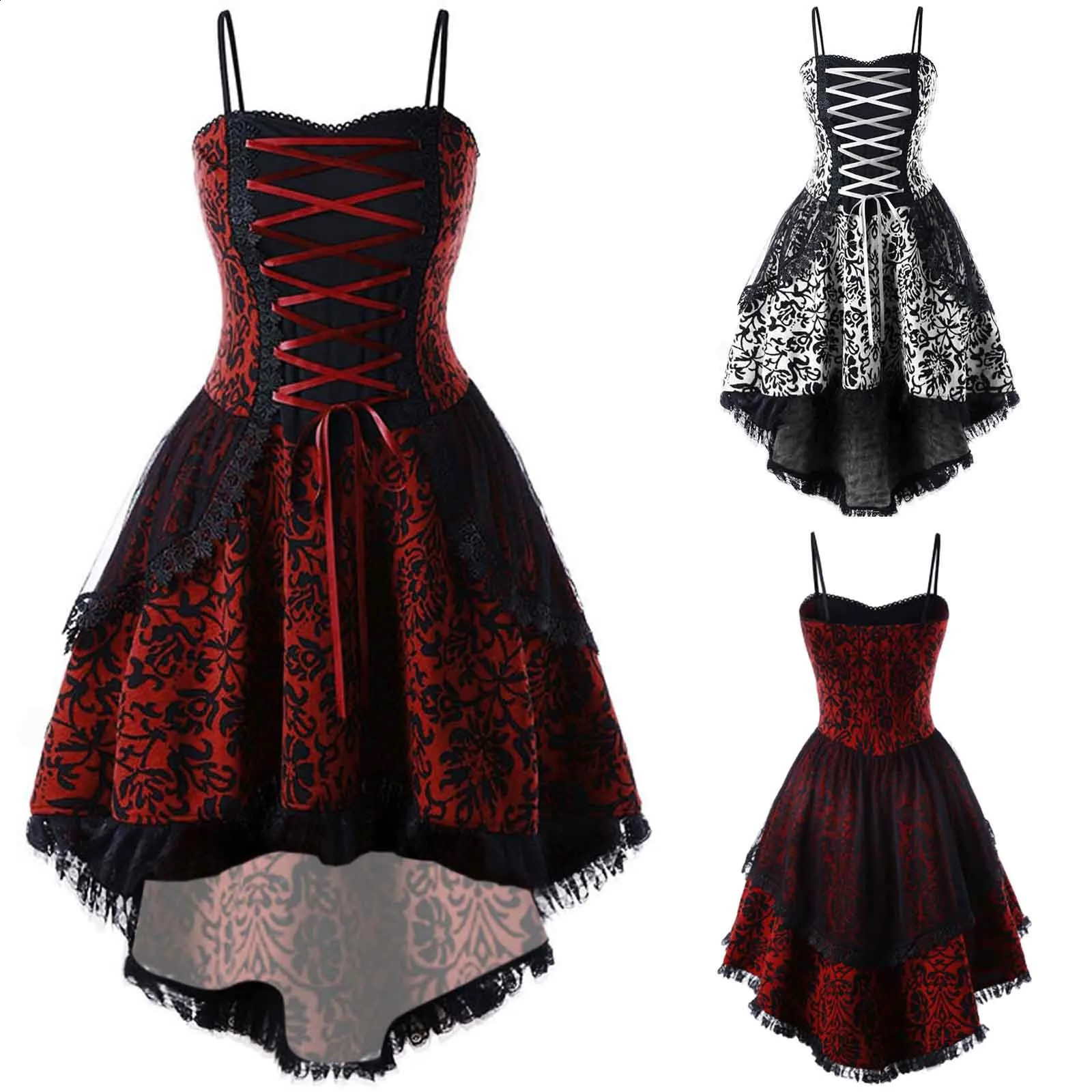 Lace Gothic Retro Dress Womens Halloween Role Playing Costume Irregular Sleeve Robe Medieval Ghost 2025 w240824