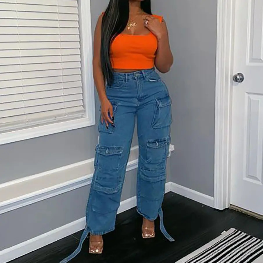 Womens denim jeans washing patch work cargo pants pocket mid waist zipper flight winter light stretch high street loose 240823