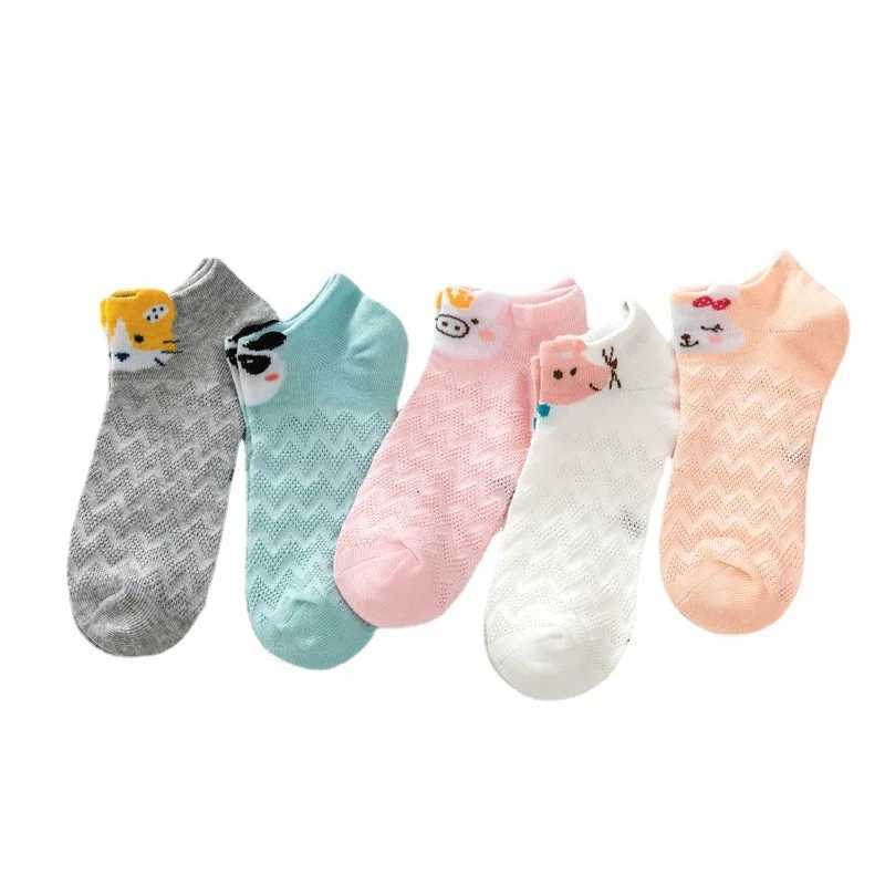 5 Double Set 2024 Spring/summer Season New Childrens Mesh Cute Cartoon Three-dimensional Girl Invisible Breathable Short Socks CL240824