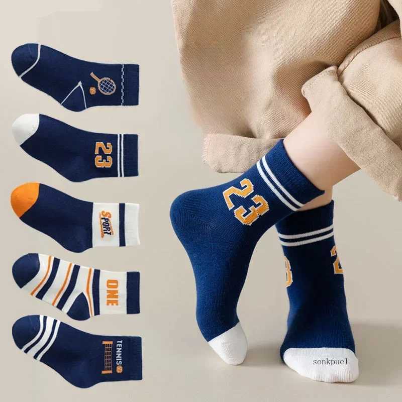 5 Pairs Kids Boys Socks Tennis Series Children Sport School Students Socks Spring Autumn Soft Cotton Toddler Mid Tube Sock CL240825