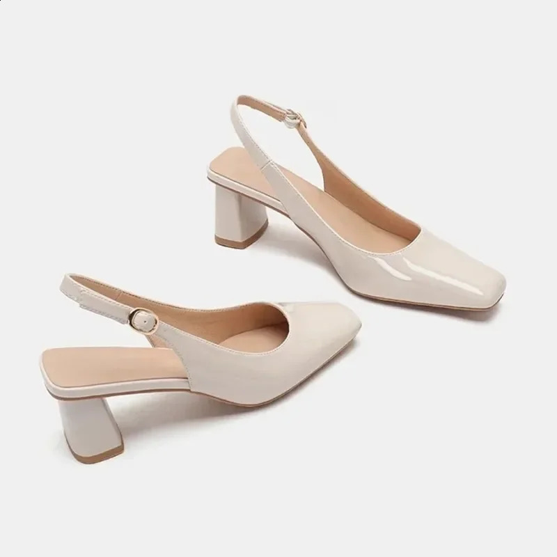 Nude sandals womens patent thick leather heel toe 2024 spring/summer item small square toe rhinestone French single shoe 240823