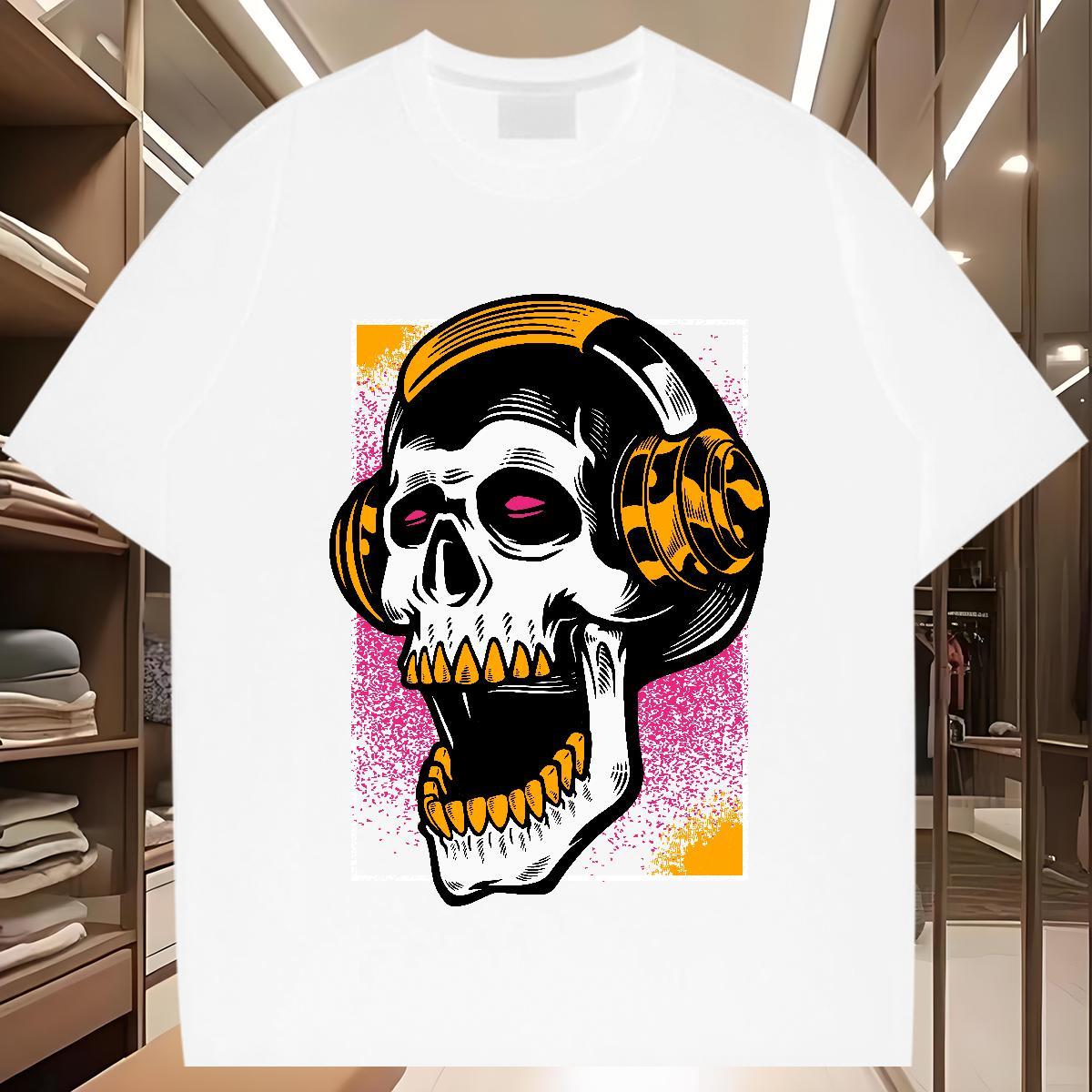 High Quality T Shirts Men 230g Pure Cotton skull Beach DIY Printed O Neck Short Sleeves Tshirt for Man Woman Fashion Clothings