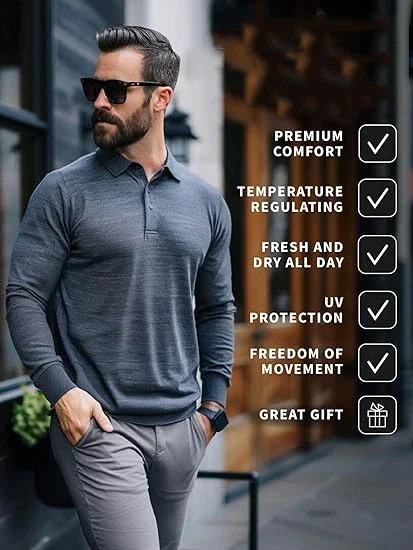 Merino wool mens polo shirt 87% bottom layer breathable and odor proof long sleeved 280G 240823