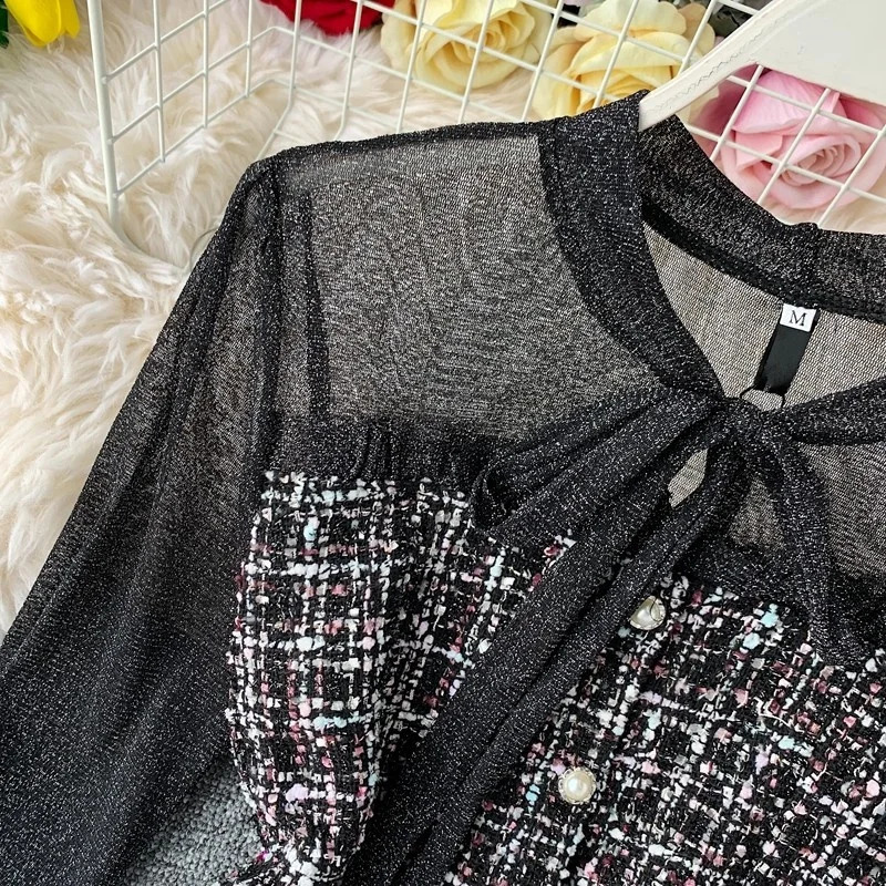 Lace Up Dress Waist Down Single Breasted Women Black Dresses Patchwork Long Sleeve Ruffle Tweed office ladies Dresses 240824