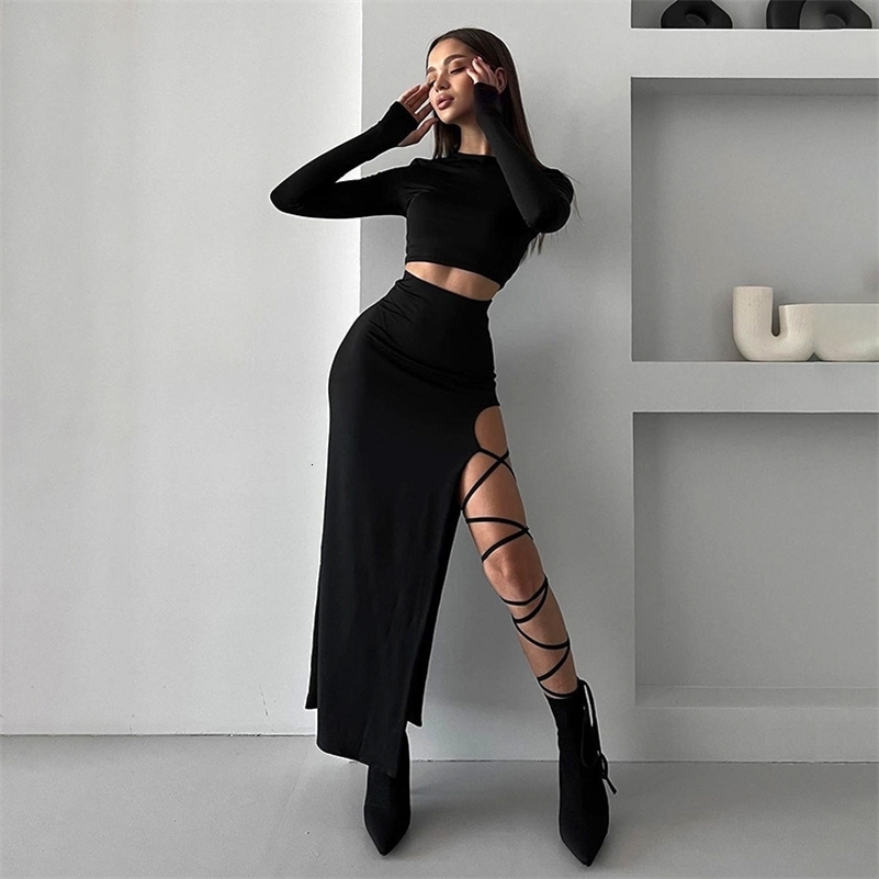 Summer Fashionable Two Piece Dress Set Long Sleeved Split Skirt Suit For Women Hollow Out Skinny Elegant Women Long Dresses 240823