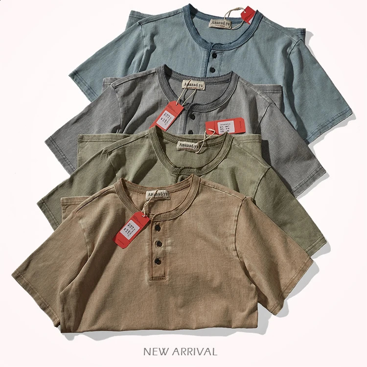 280g Summer American Retro Heavyweight Solid Color Tshirt Mens Pure Cotton Washed Short Sleeve Henley Collar Waist Top 240823