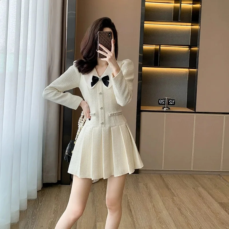 GkyocQ Fall and Winter Celebrity Small Perfume Style French Elegant Sweet Bow Tweed Lapel Collar Long-sleeved A Line Dress 240824