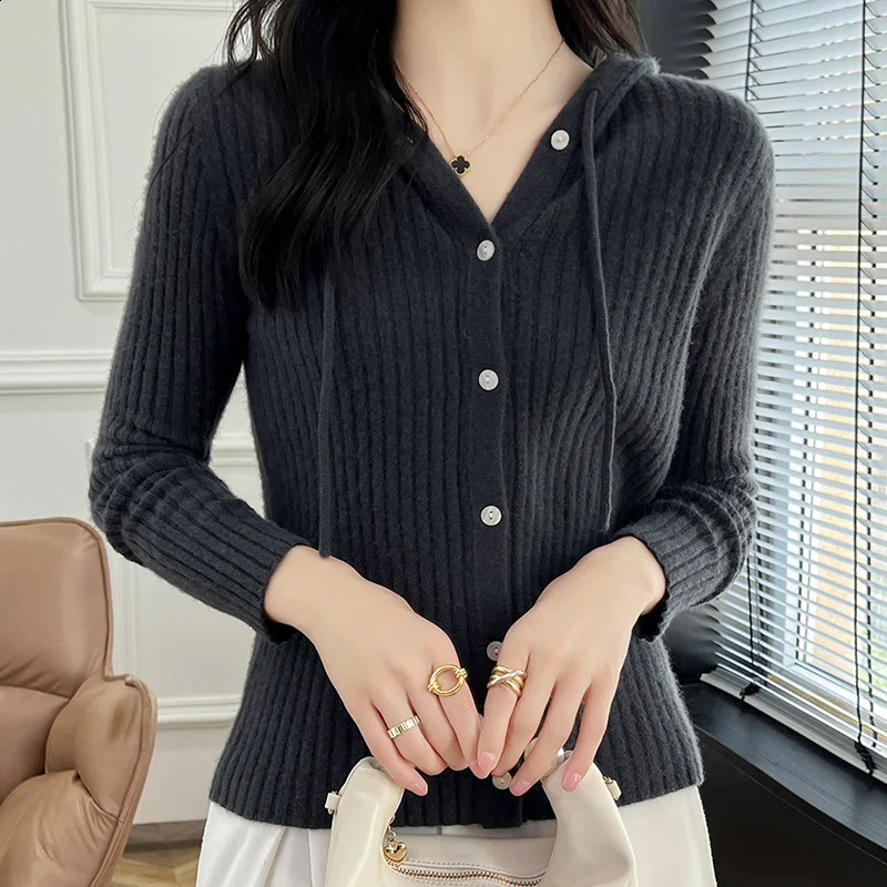 Womens Cardigan Autumn/Winter 100% Wool Sweater Casual Solid Knit Cardigan Hooded Collar Tops Ladies Clothes Slim Fit Blouse 240824