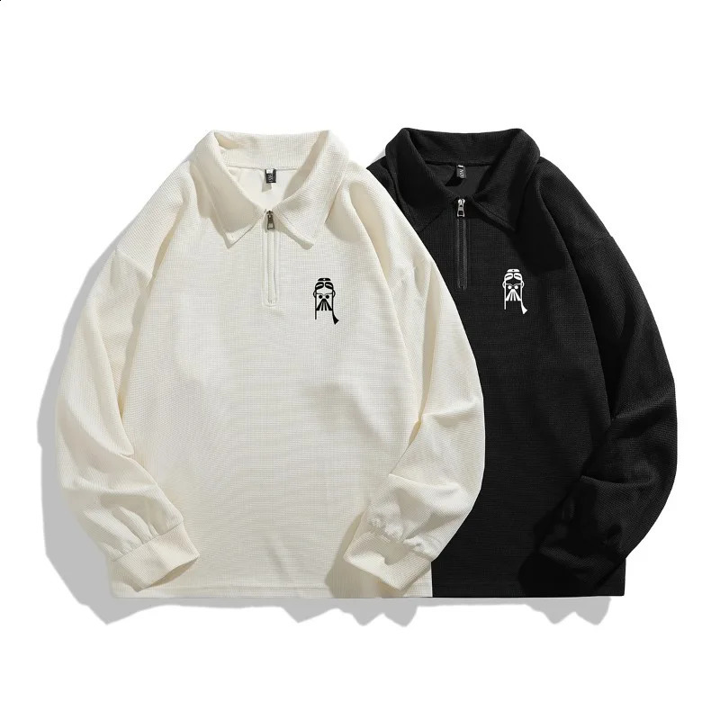 Waffle Polo Shirt Sweatshirt Harajuku Street Loose Fit Tops Cartoon Printed Pattern Half Zip Long Sleeve Sweatshirts 240824