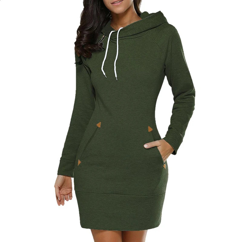 Women Knee-Length Pockets Dress Hooded Warm Sweat Shirt Long Sleeve Side Zip Neckline Simple Casual Sports Skirt 240823