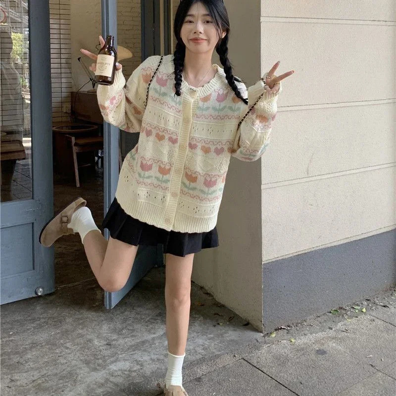 Rimocy Sweet Flower Knit Cardigan Women Autumn Winter Single-Breasted Warm Sweaters for Woman Korean Style Long Sleeve Cardigans 240814