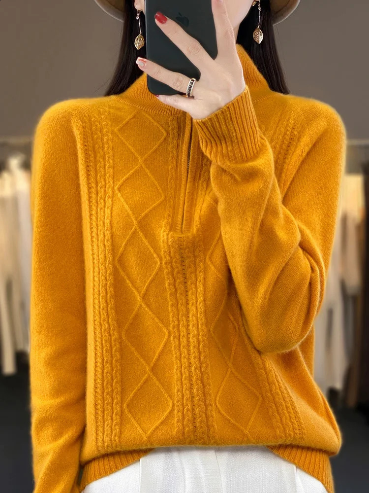 Autumn Winter Women Zipper Pullover Cable Knit Turn Down Collar Cashmere Sweater Casual Style 100% Merino Wool Knitwear 240824