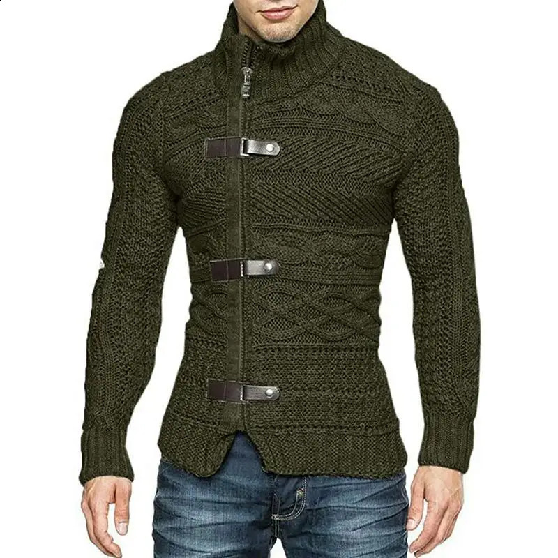 Autumn and Winter Mens Turtle Neck Sweater Fashion Leather Buckle Long Sleeve Knitted Open Collar Coat Large Clothing 240824