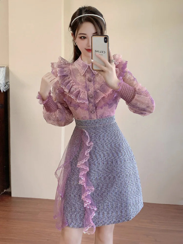 Autumn Sweet Pink Lace Mesh Embroidery Ruffles Patchwork Tweed dresses for Women elegant See Through Long Sleeve Party Vestidos 240824