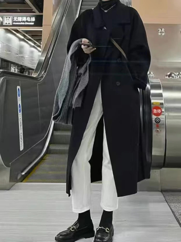 Korea Woolen Long Jackets Coats Tops Winter Laper Double Breasted Abrigos Casual Chaquetas Overcoat Classic Women Warm Casacos 240823