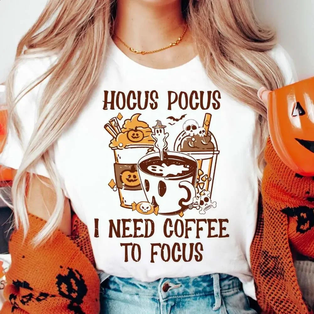 Hocus Pocus I Need Coffee To Focus Cartoon Print Fun Pattern Halloween ONeck Fashion Trendy Style Womens Summer TShirt 240823