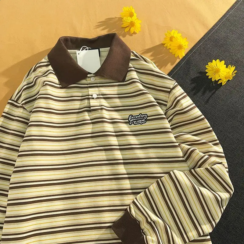 Striped long-sleeved polo shirt spring autumn vibe vintag blouse student Korean Preppy sweat men women lapel 240824