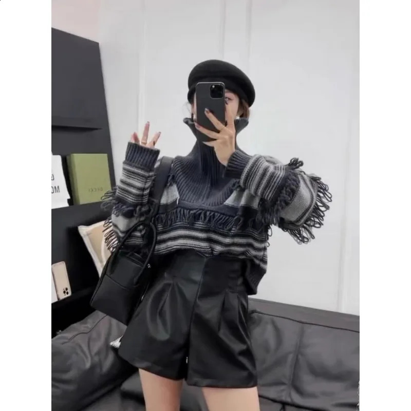 Japanese Y2K Women Sweater Vintage Tassel Knitted Pullover Harajuku Ulzzang High Street Turtleneck Zipper Sweater Jumper 240824