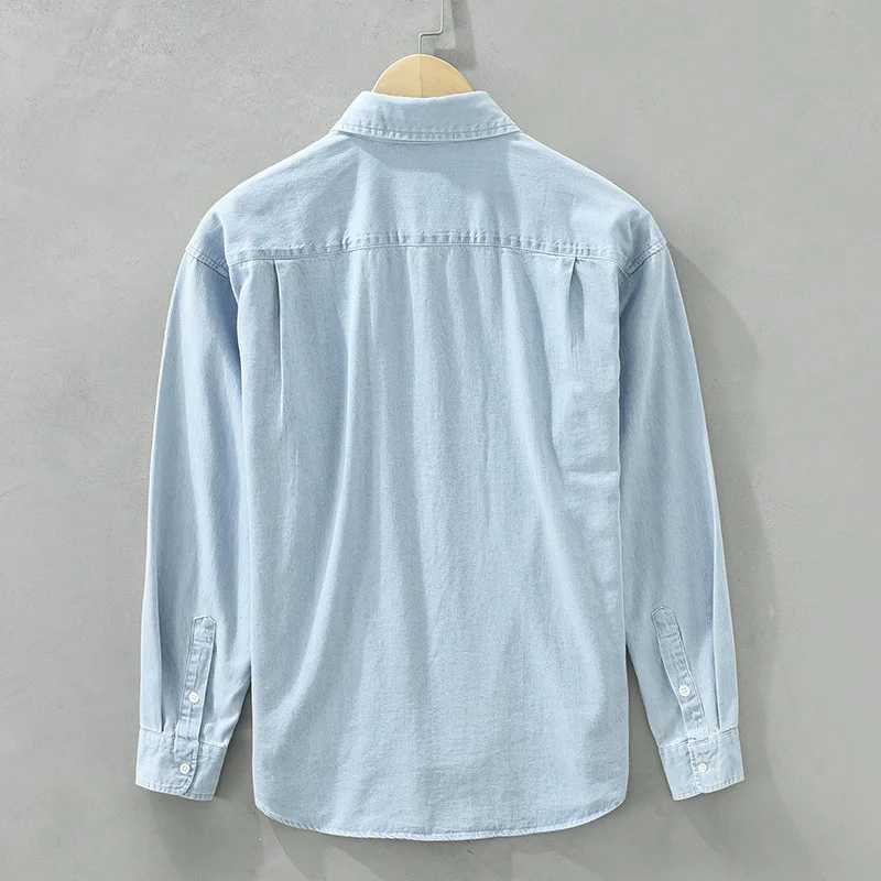 Retro mens denim shirt embroidered bear long sleeved shirt 100% pure cotton casual simple Japanese CamisaW240726