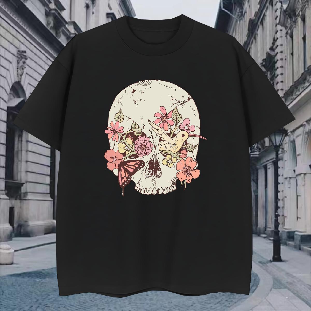 Cool Design T-Shirts for Men 230g 100% Cotton skull Hip Hop Cartoon Print Crew Neck Tshirts Fashion New Tee Shirt