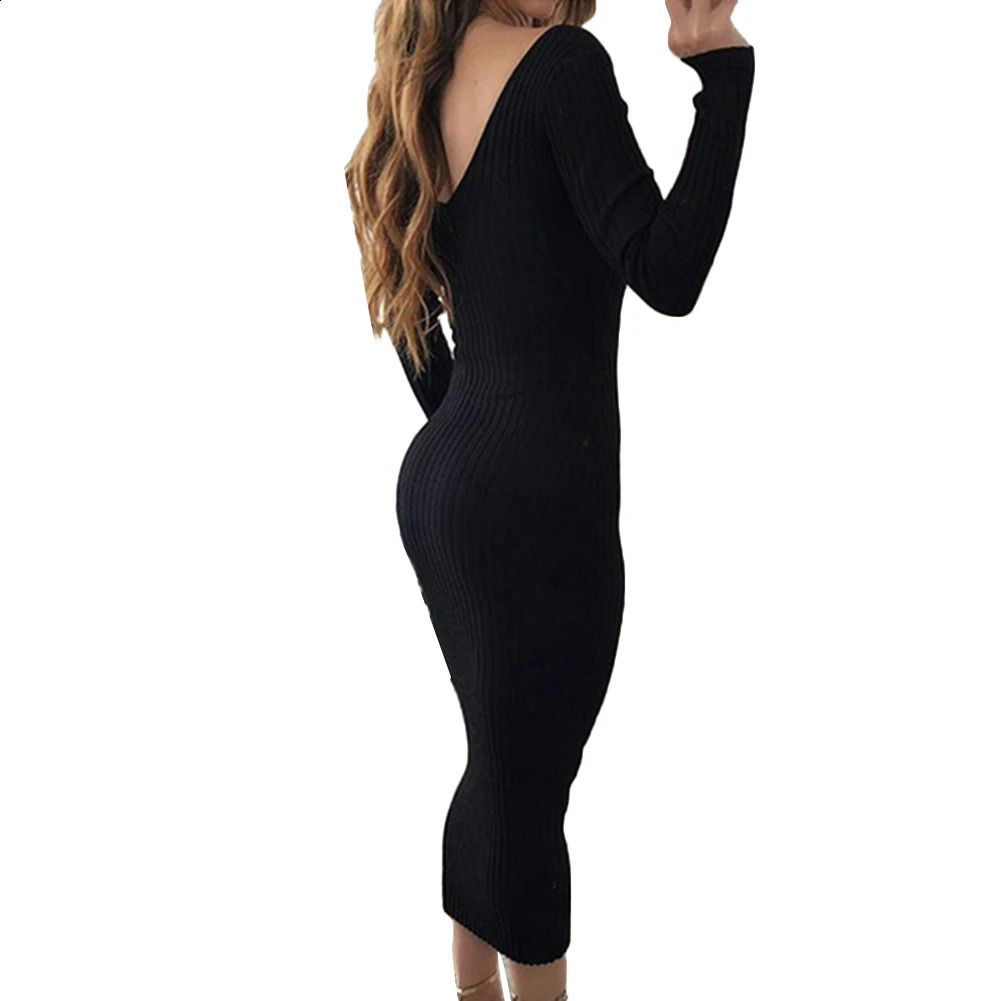 woman dress Sexy Women Long Sleeve V Neck Backless Ribbed Bodycon Slim Knitted Midi Dress dresses for women vestido de mujer 240823