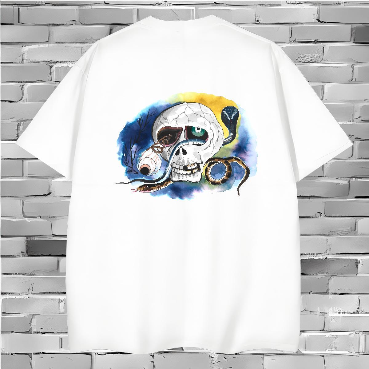 Comfortable Men T Shirts 230g Cotton skull High Street Hip Hop Custom Printed Round Neck Short Sleeve Men Tops Tees DIY Tops Shirt