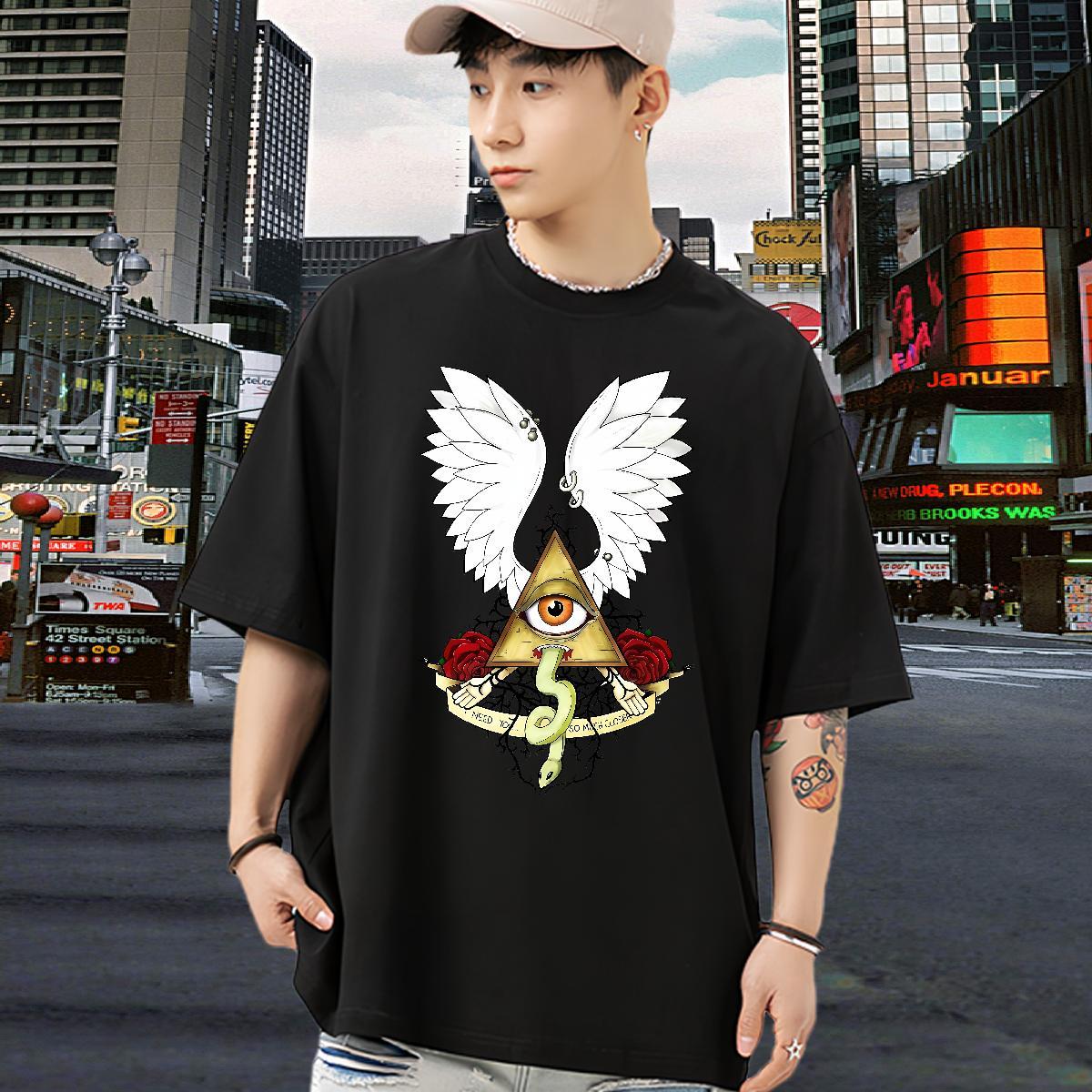 Loose Fit T Shirts Men 230g 100% Cotton eye of the devil Anime Printing Street Oversized 4XL O-Neck Short Sleeve Tshirts Customized Tops Shirt