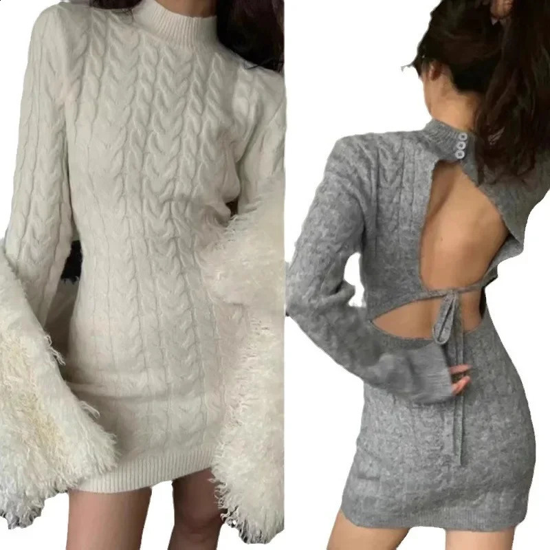 Early Spring Arrival Sexy Half-polo/turtle Neck Open-back Strapless Slimming Long Sleeve Knit Dress For Women 240823