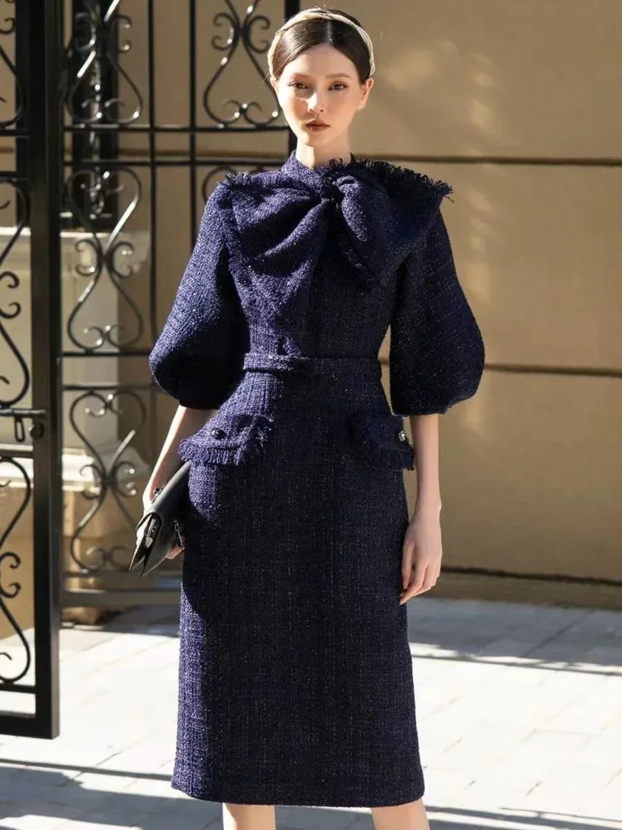 JAMERARY Fashion Autumn Winter Tweed Dress For Women Lantern Sleeve Midi Long Bodycon Dresses Office Lady Korean Style 240824