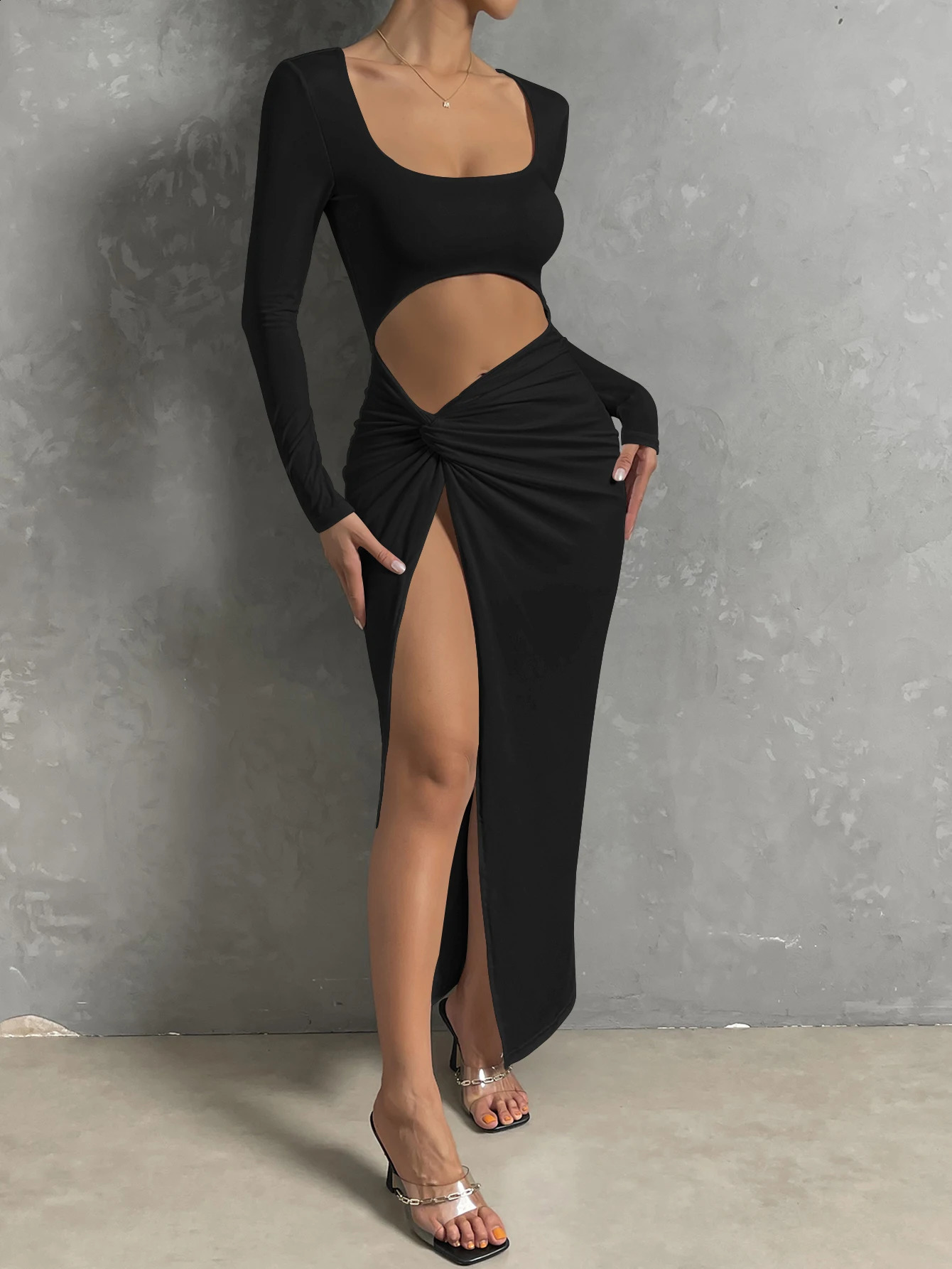 Long-sleeved Sexy Square Neck Long Dress Women High Split Party Nightclub Wear Hollow Out Outfit 240823