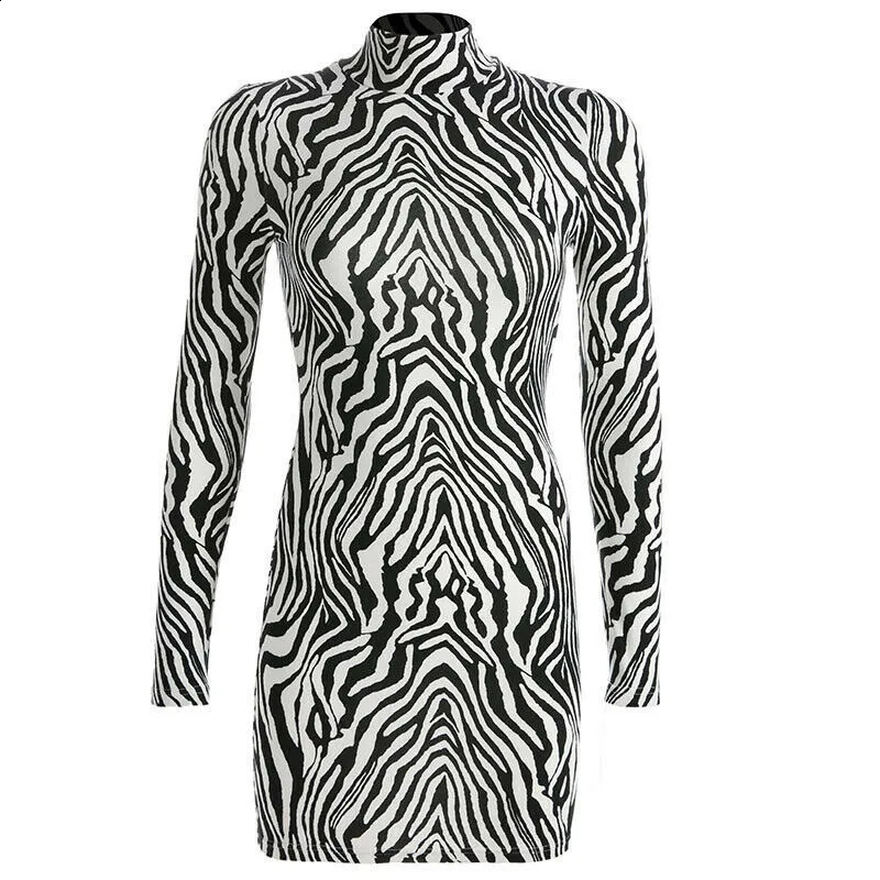 Fashion Sexy Women Bodycon Long Sleeve Zebra Striped Dress Clubwear Print Turtleneck Slim Dress Evening Party Mini Pencil Dress 240823