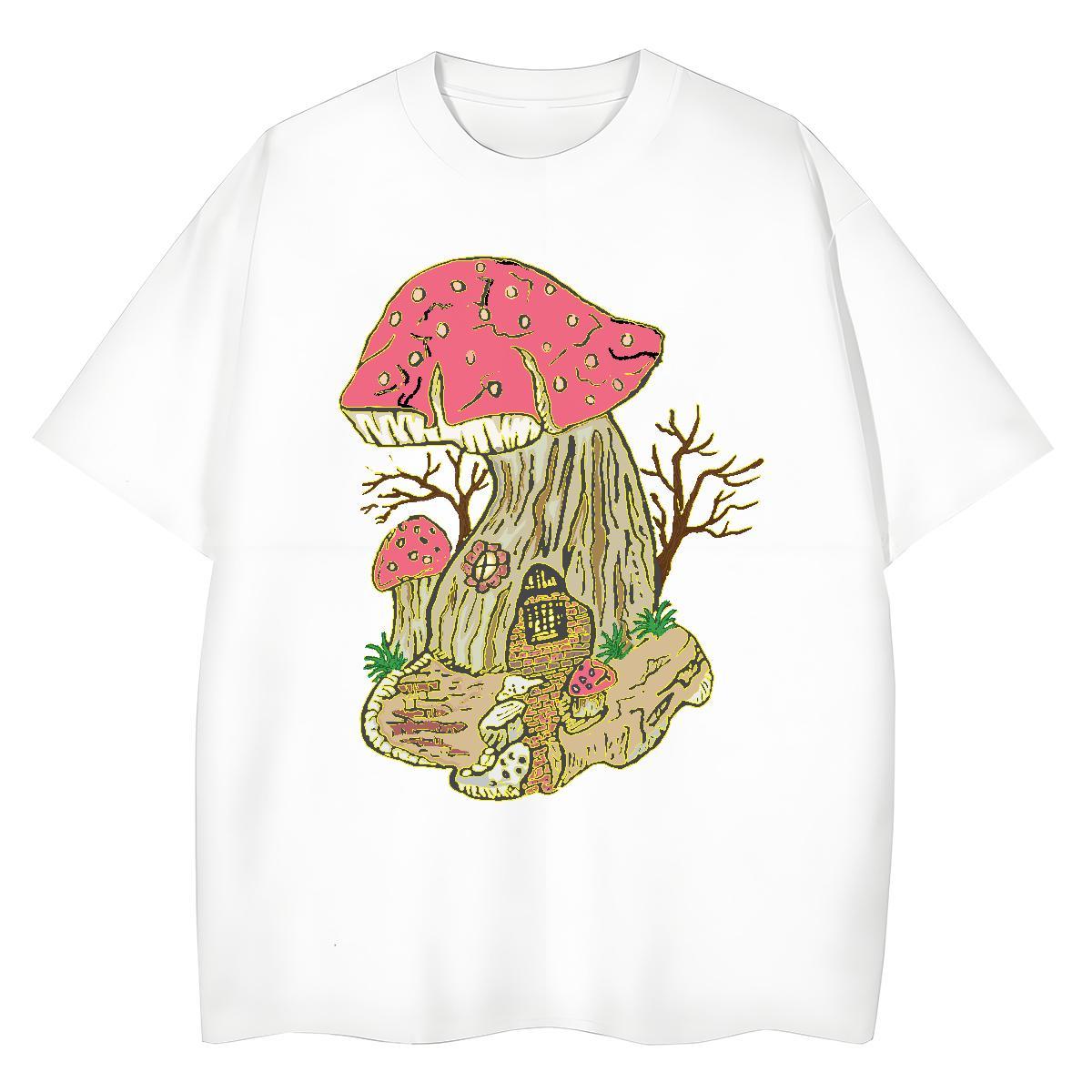 2024 Summer Men Tops Tees mushroom Daily Outfit 230g Pure Cotton Tees Shirts Breathable Short Sleeve Soft T-Shirts Black Oversized