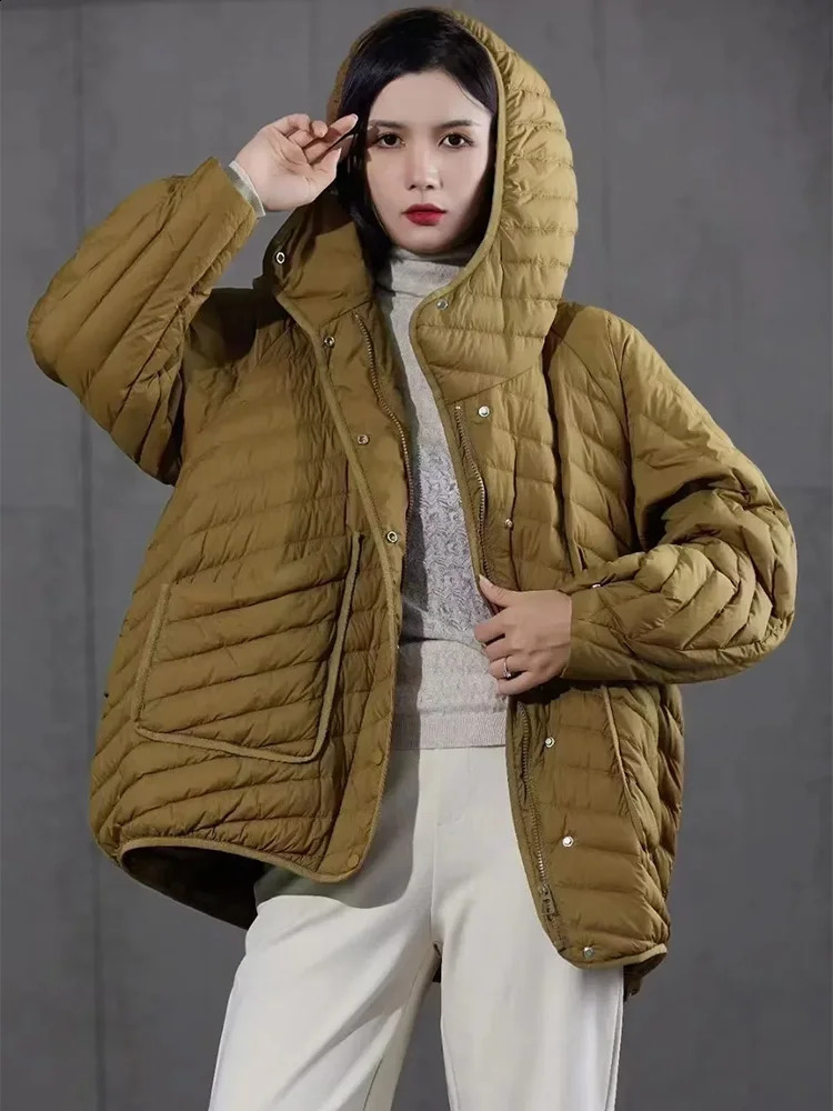 Lagabogy Winter Ultra Light Inflatable Jacket Womens 90% White Duck Down Loose Hooded Leisure Park Windproof Basic Coat 240823