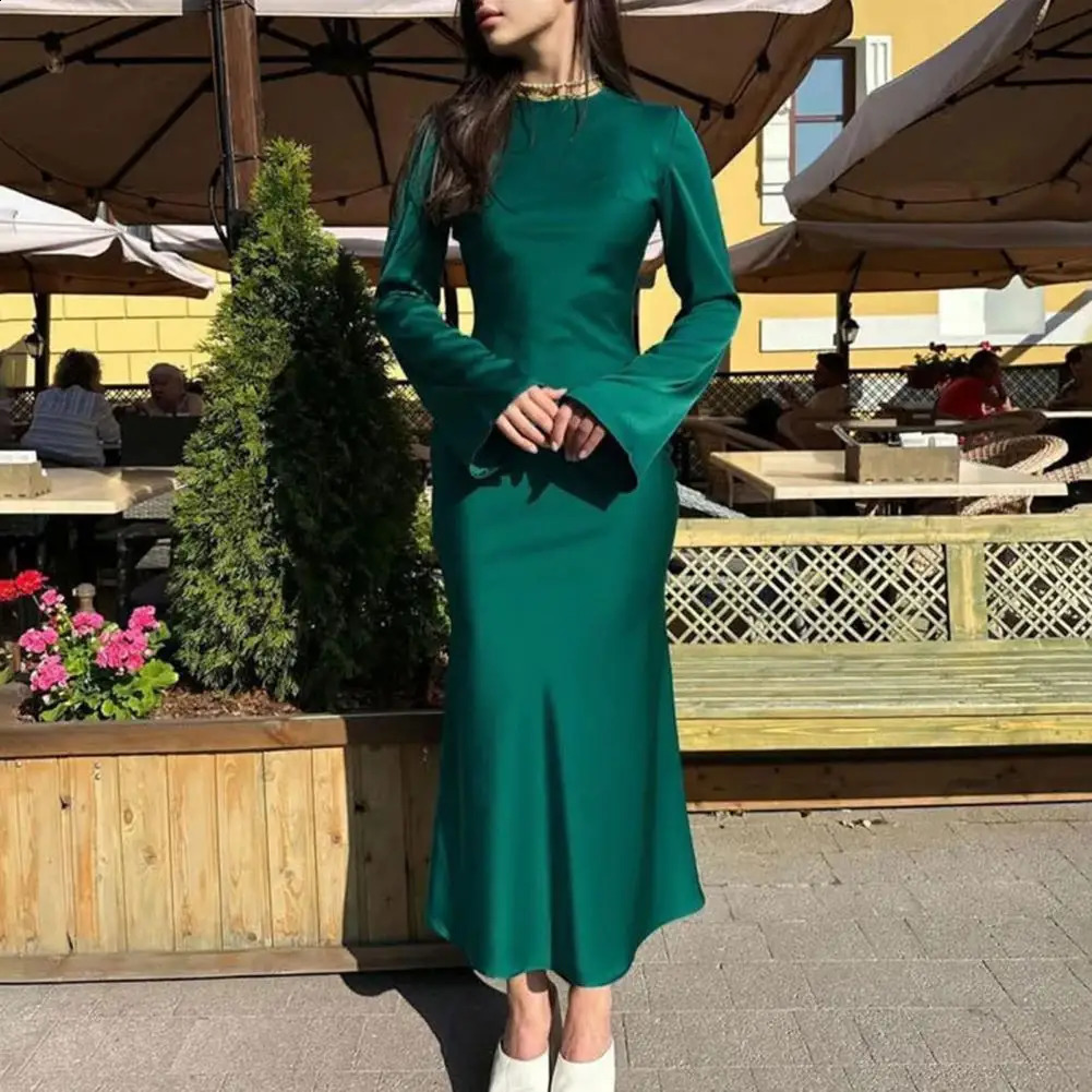 Spring Fall Women Dress Solid Color Round Neck Long Sleeve Maxi Dress Tight Waist Sheath Slim Fit Ankle Length Lady Dress 240823