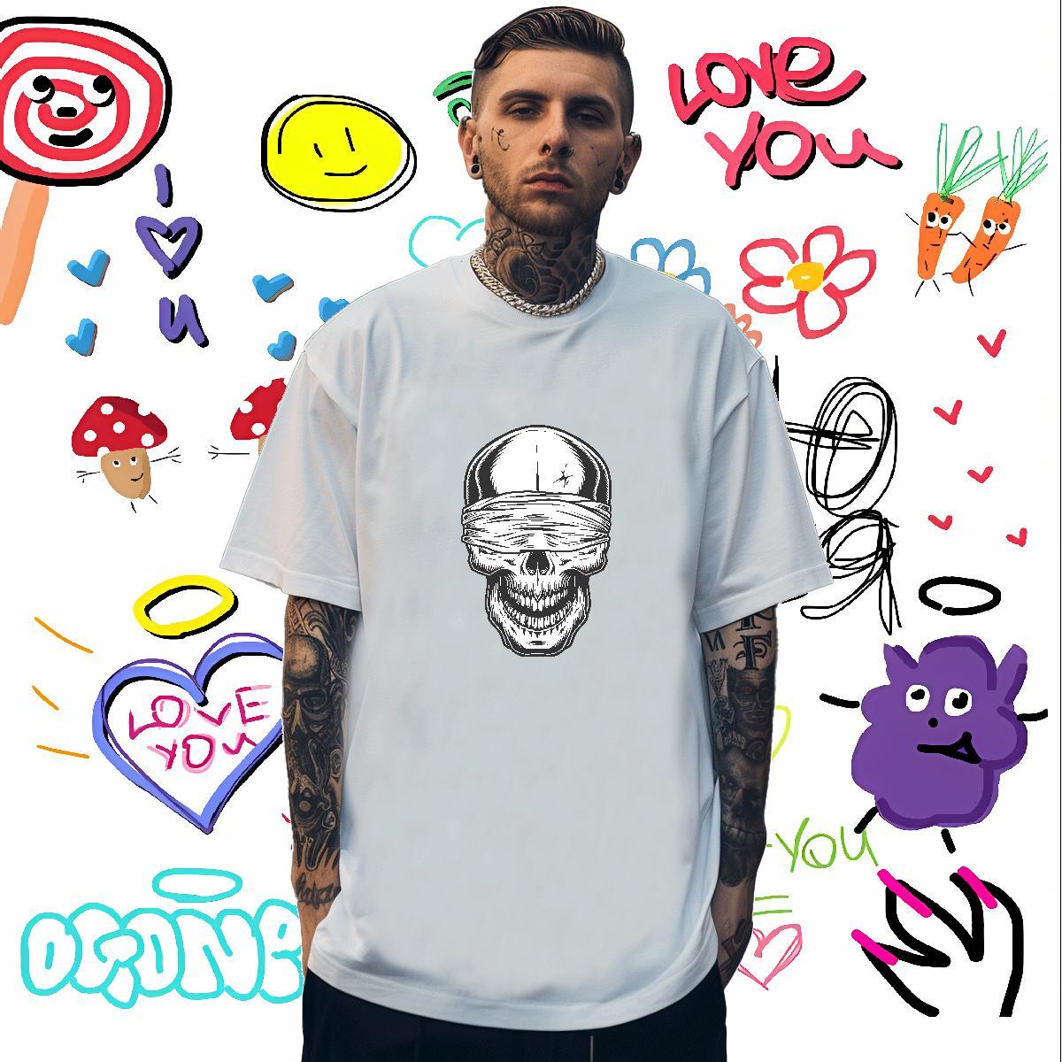 Loose Mens T Shirts 230g 100% Cotton skull Spring Summer Floral Print Breathable Short Sleeve Tshirts Free Shipping Tops Tees