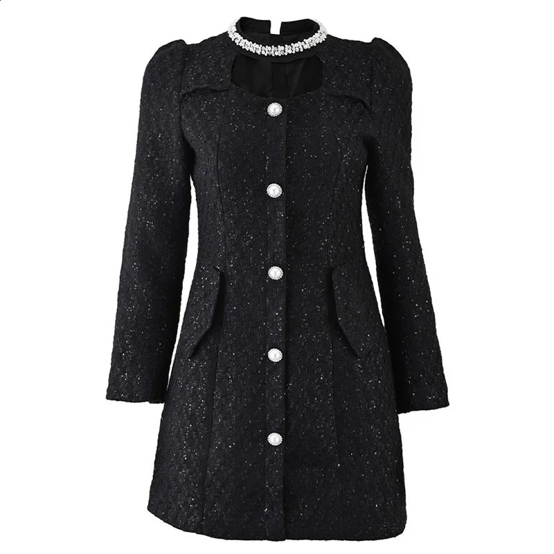 High Quality Arrival Fashion Women Fall Winter Long Sleeve Embroidered Flares Pearls Button Sequins Tweed Black Dress 240824