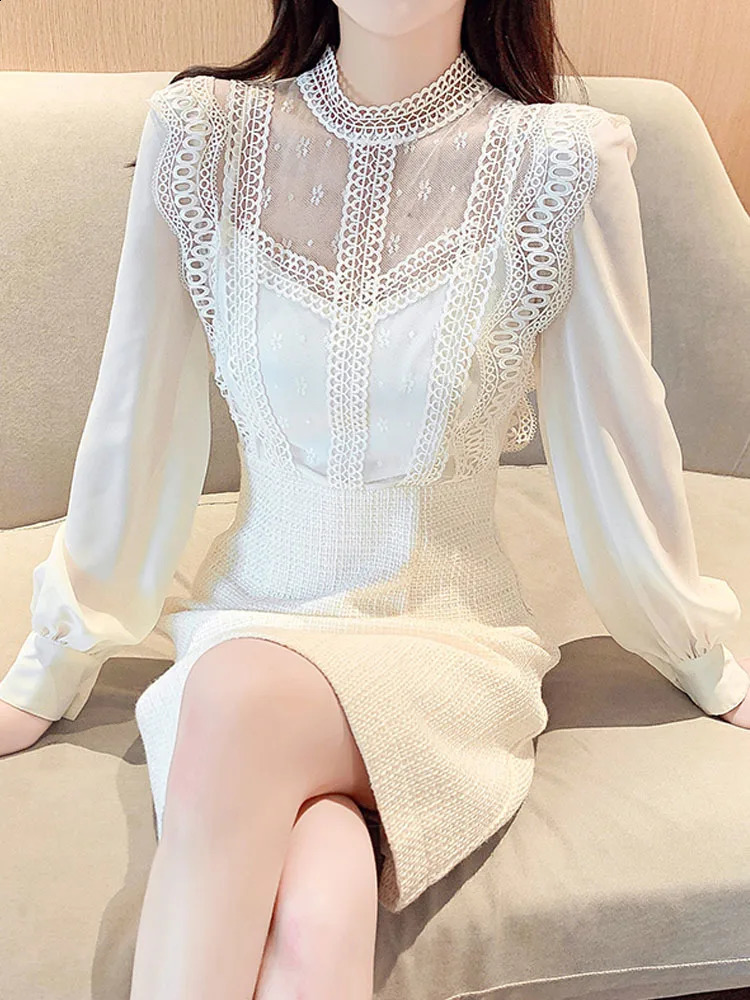 Fashion Women Tweed Dress Autumn Winter Lace Patchwork Lace Chiffon Long Sleeve O-Neck A Line Short Dresses Vestido 240824