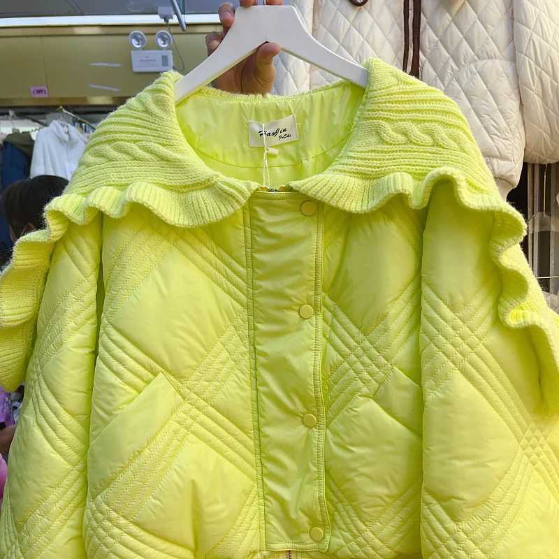 Women's Down Parkas KUSAHIKI New Autumn Winter Warm Woman Parkas Fashion Knitted Ruffled Collar Swt Jacket Women Korean Drawstring Parka Coat Y24