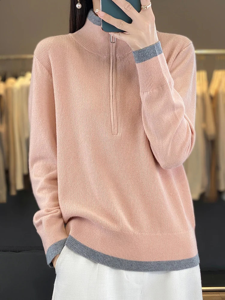 Fashion Women Zipper Mock-neck Pullover 100% Merino Wool Sweater Autumn Winter Casual Warm Color Knitwear Jumper Clothing 240824