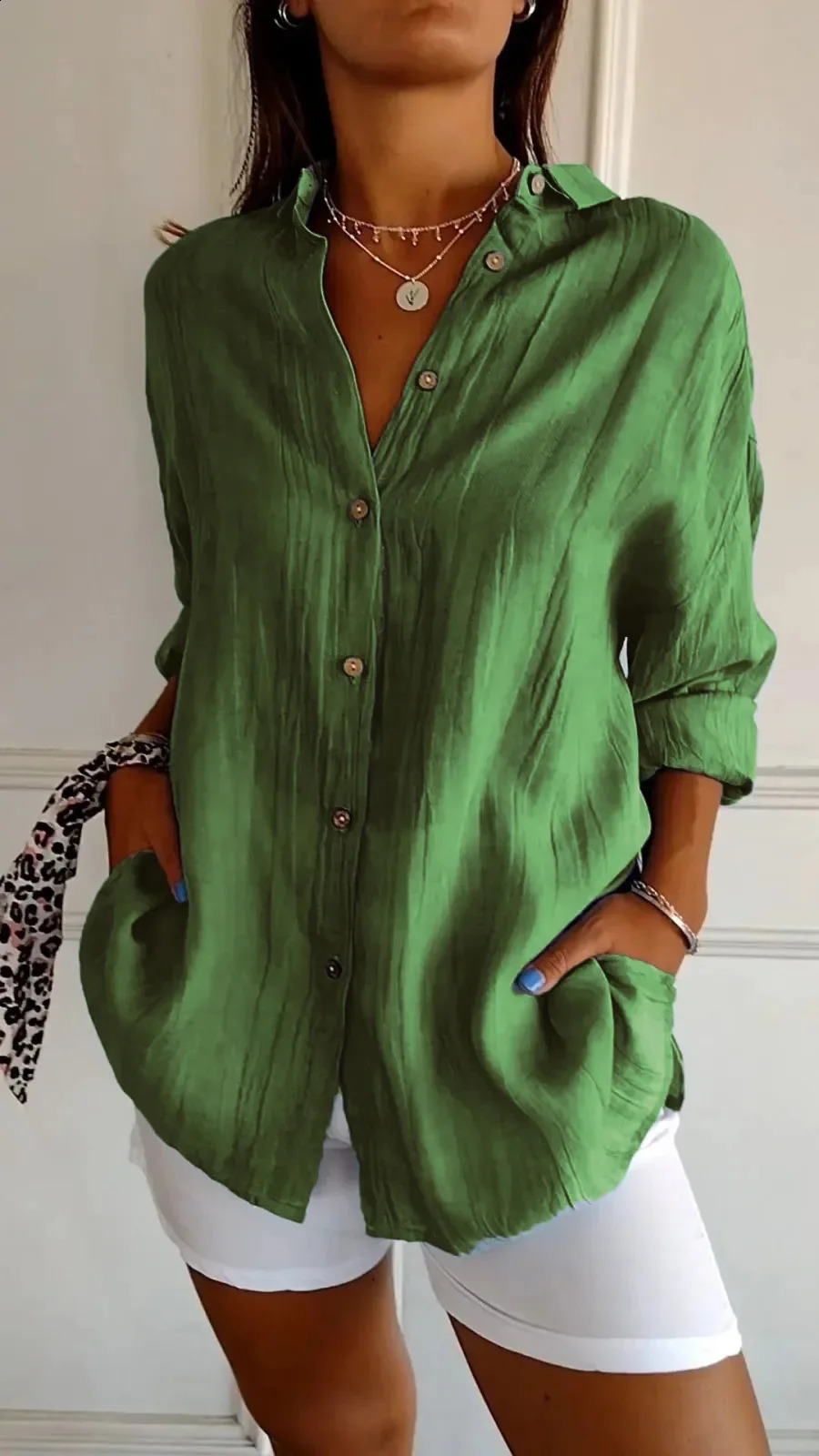 Autumn womens solid color shirt fashion item lapel single breasted pleated long sleeved comfortable casual shirt 240823