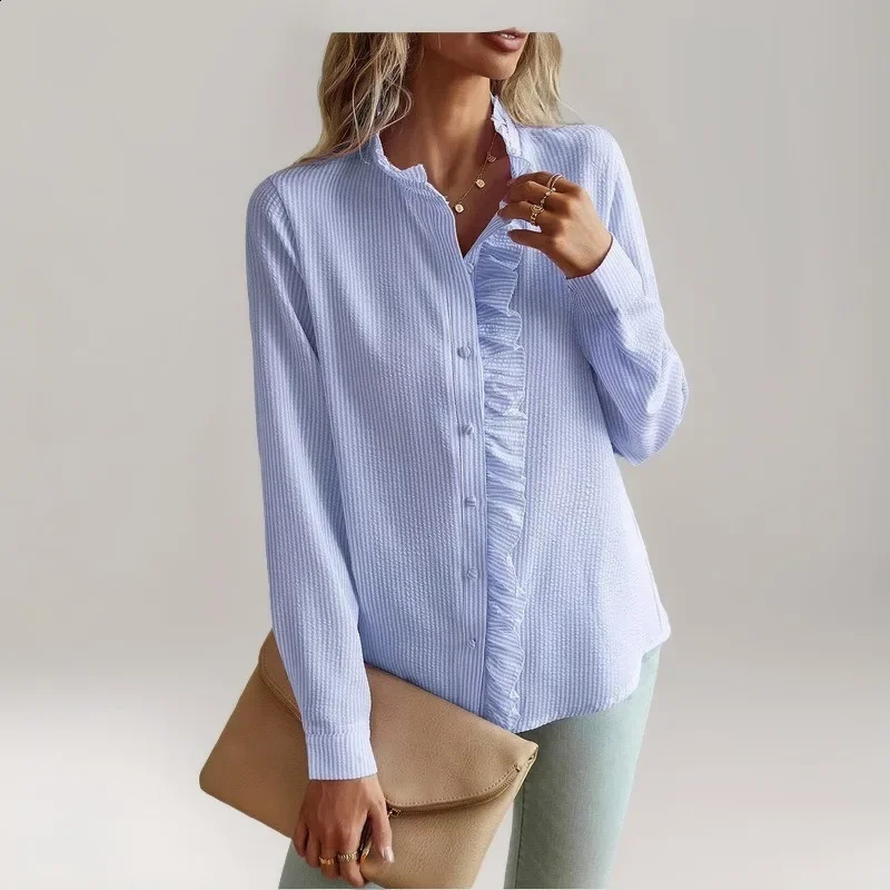 Spring Cross border European and American Womens Wear Long sleeved Ruffle Edge Button Shirt Top for Women 240823